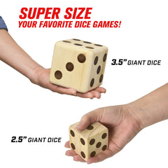 GoSports hand-sanded pine dice showing heat-stamped, durable numbers.