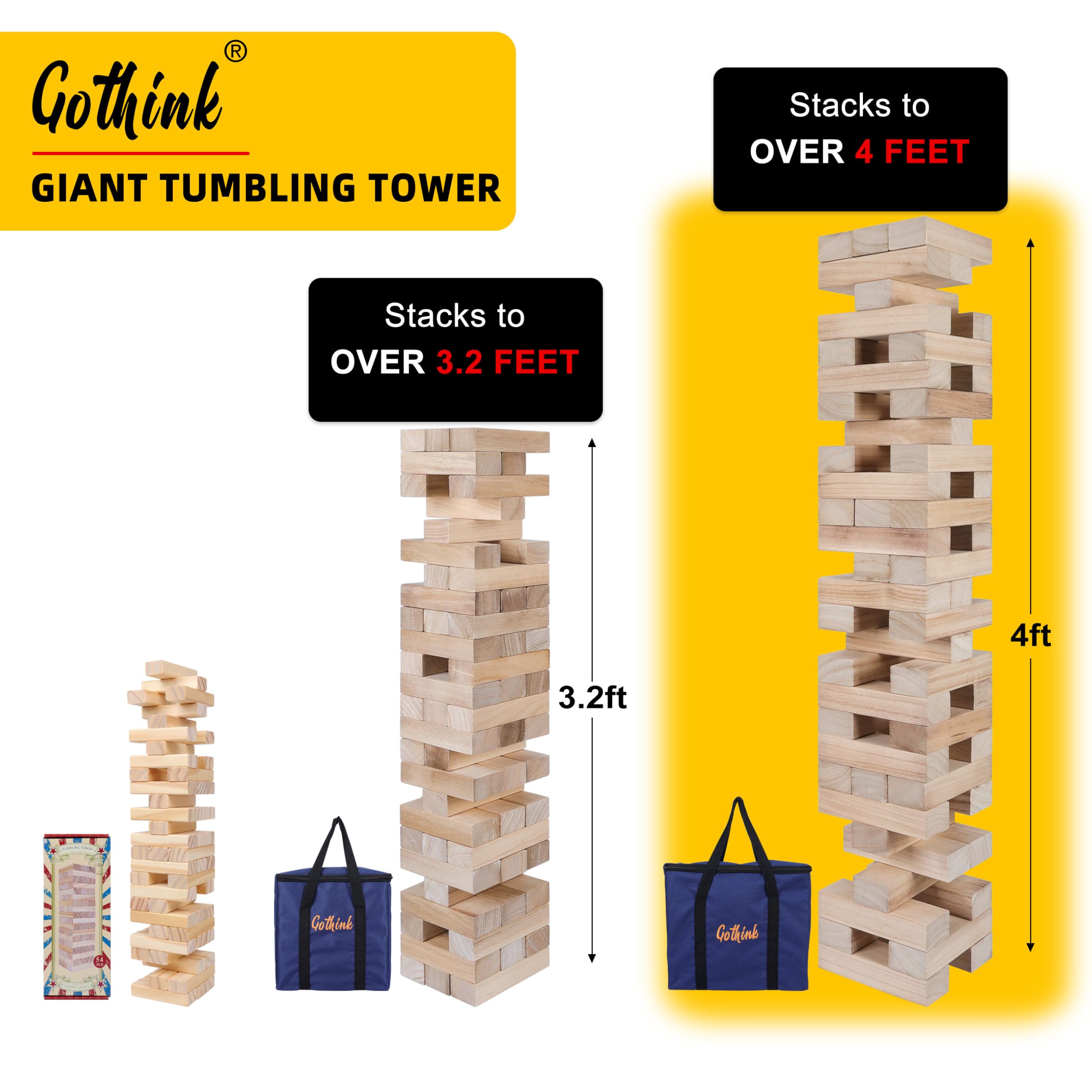 Family-friendly GOTHINK giant tumble tower game night setup