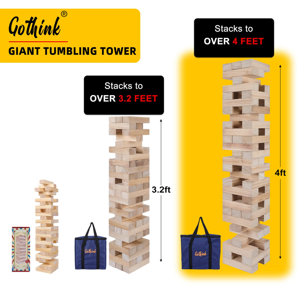 Family-friendly GOTHINK giant tumble tower game night setup