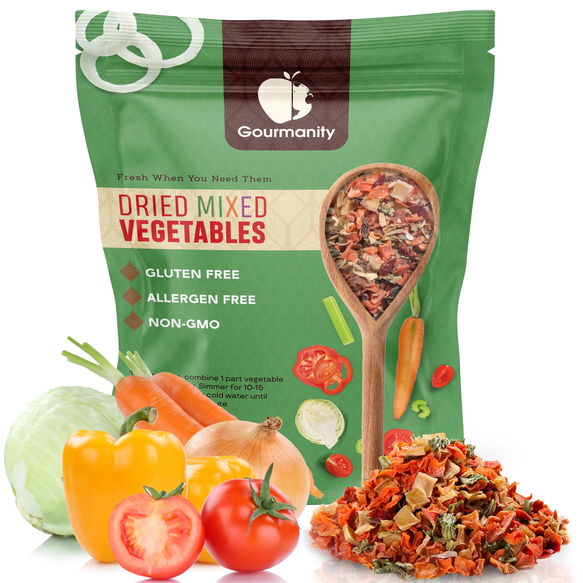 Gourmanity 2lb Vegetable Soup Blend packaging shows a ready pantry staple for quick meals.