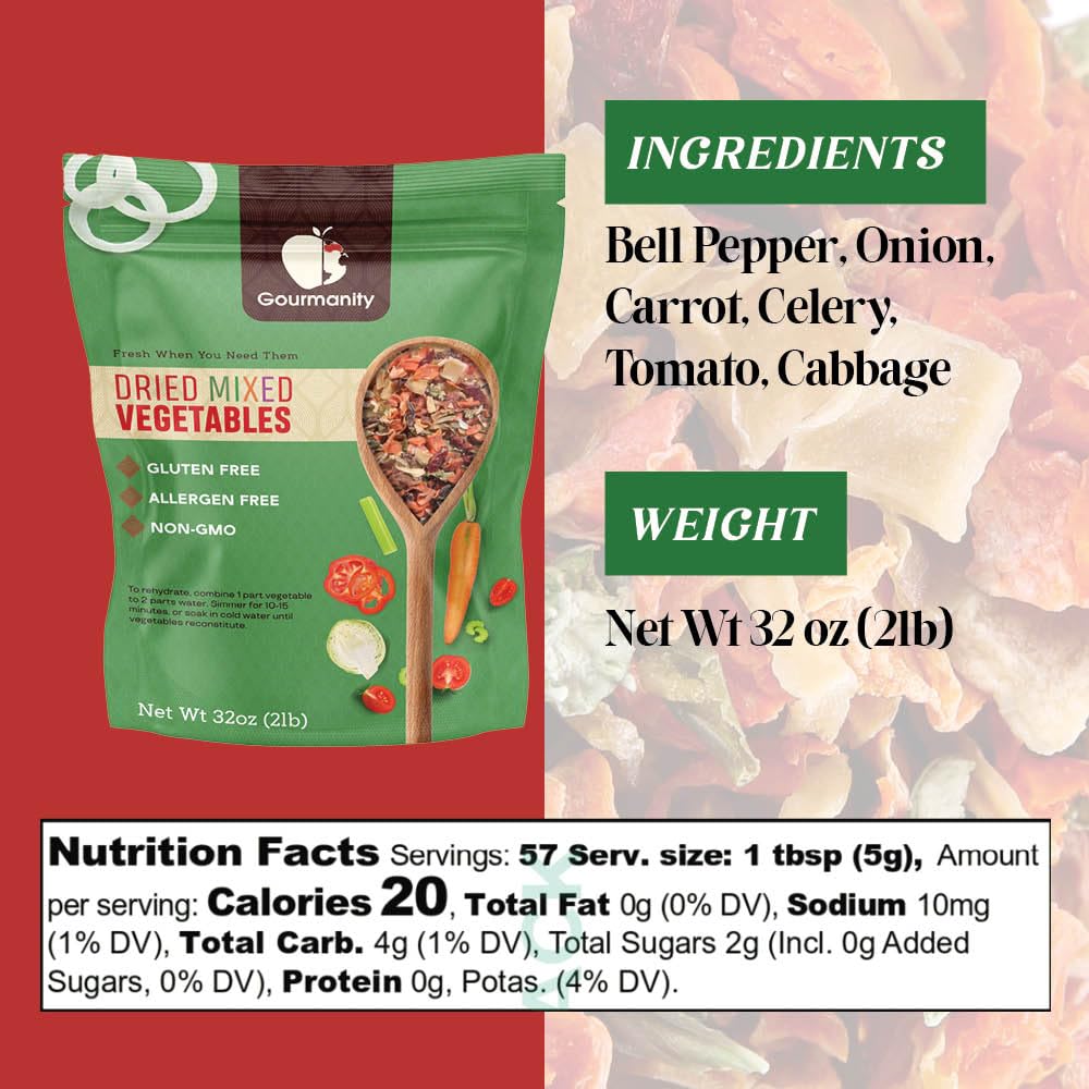 Dried vegetable chunks from Gourmanity blend emphasize natural ingredients and versatile cooking options.