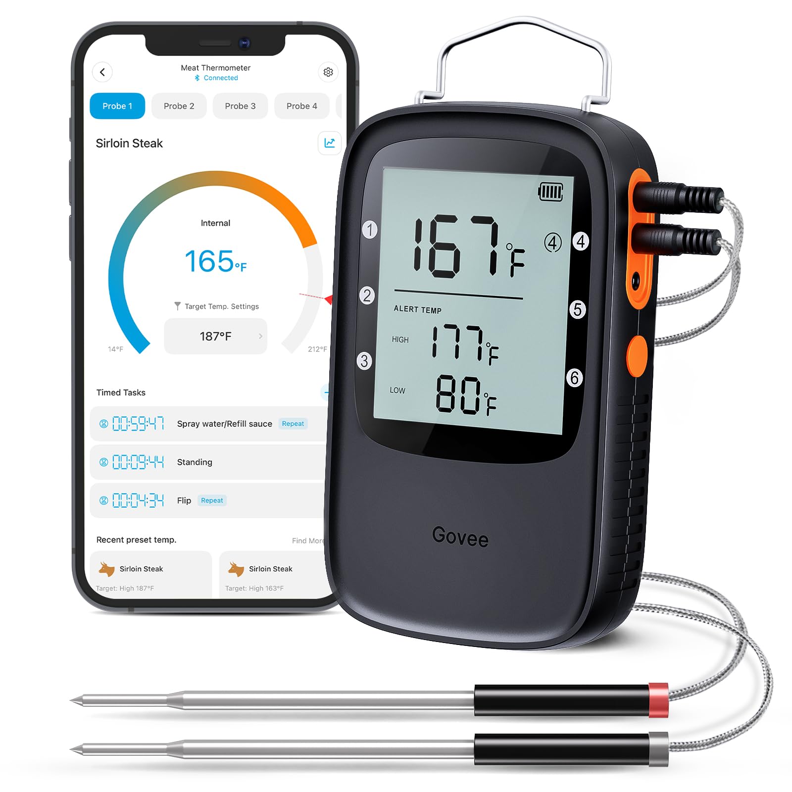 Govee Bluetooth meat thermometer probes for accurate doneness on grills.