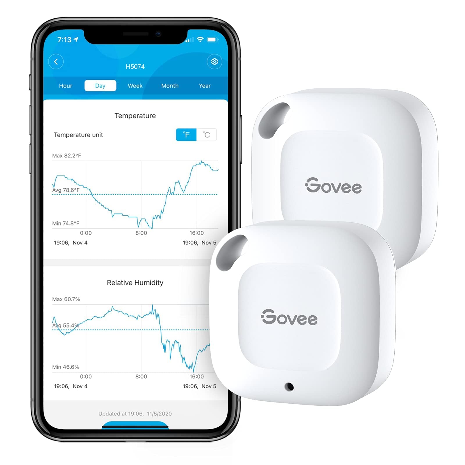 Govee hygrometer thermometer wireless device front view for real-time temperature monitoring.