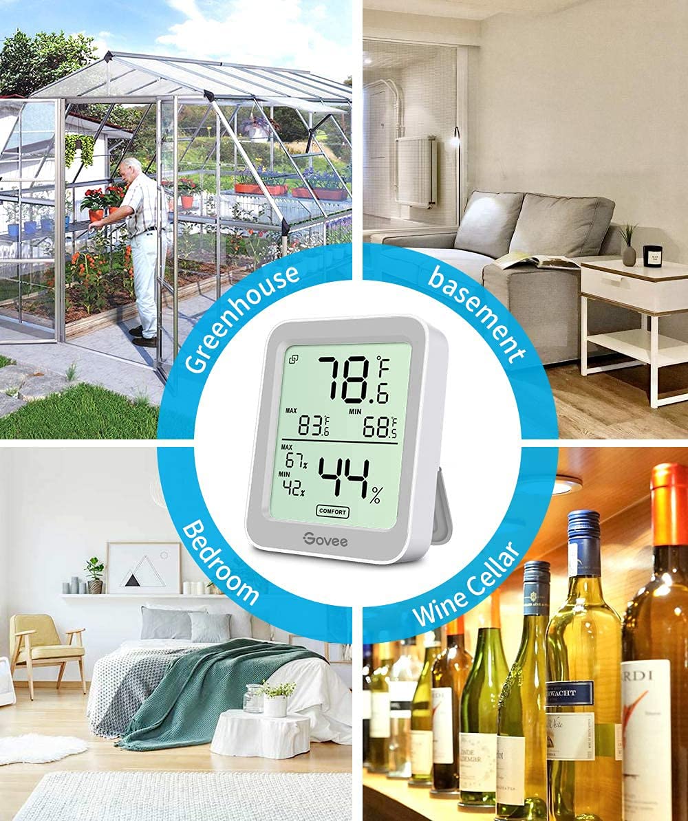 Swiss sensor accuracy shown on the Govee hygrometer for reliable room readings.