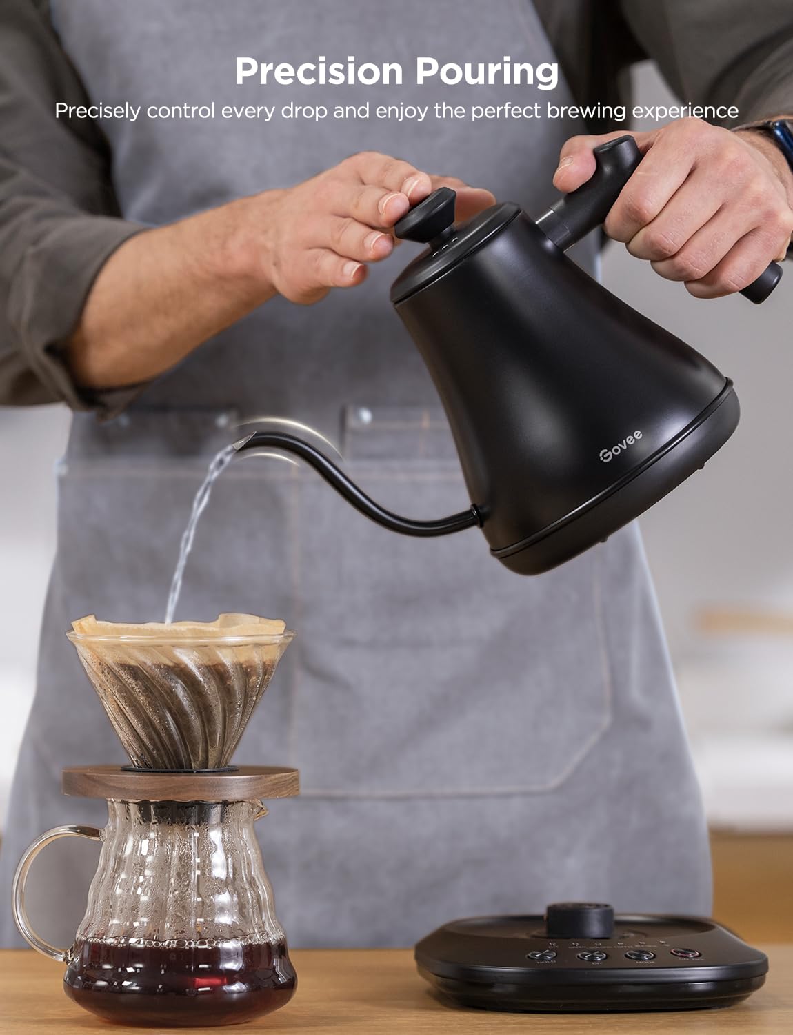 Govee gooseneck spout demonstrates precision pour for coffee brewing.