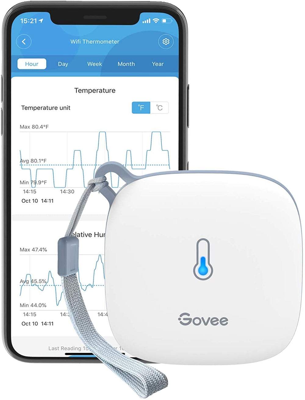 Govee Smart Thermometer Hygrometer front panel with live readings for quick checks