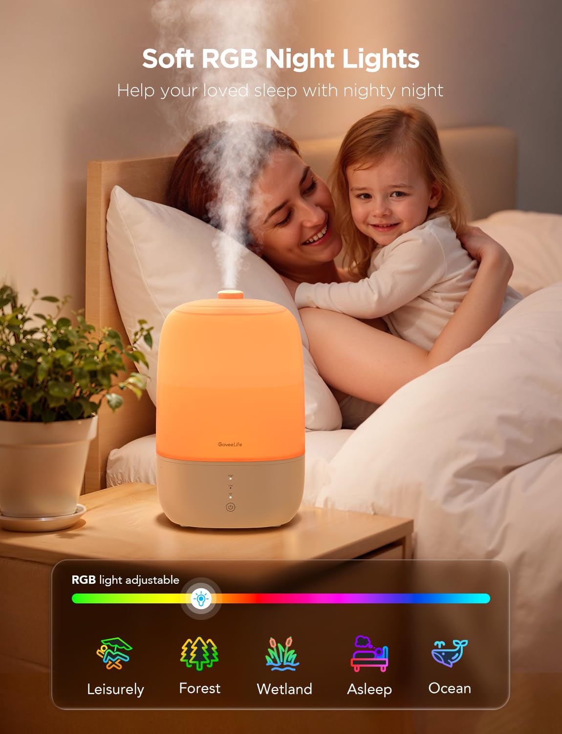 GoveeLife RGB night light provides a calming bedroom ambiance.
