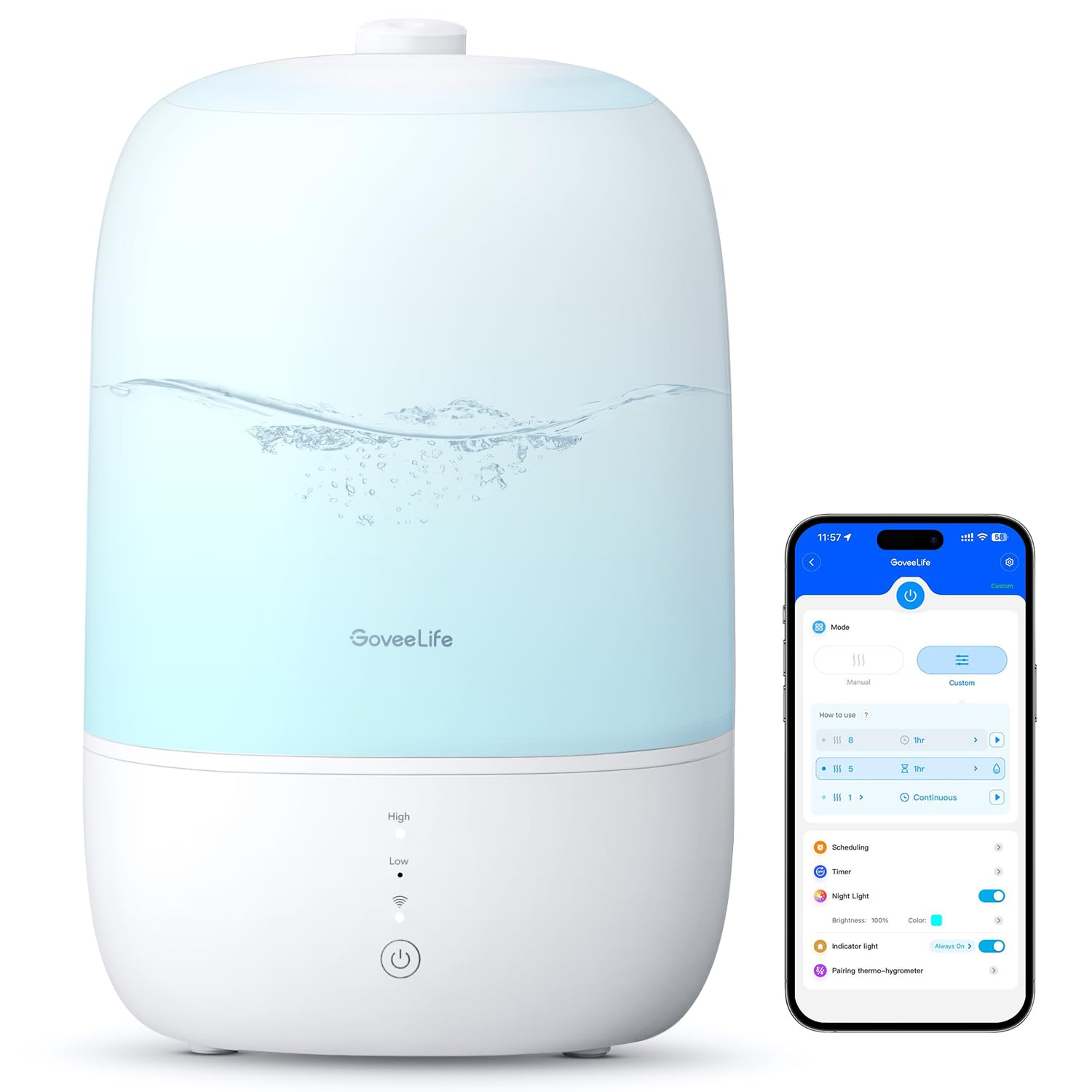 GoveeLife smart humidifier on a nightstand with top-fill design for easy refills.