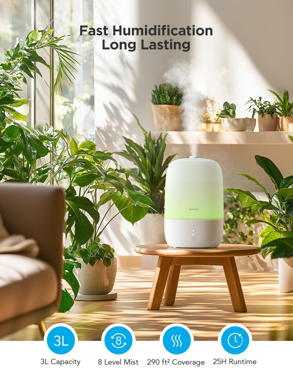 GoveeLife whisper-quiet operation supports restful sleep.