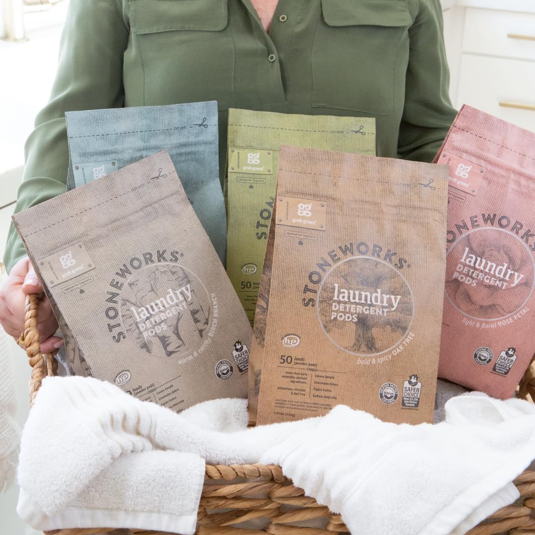 Grab Green Stoneworks powder pod softens fabrics naturally during wash.