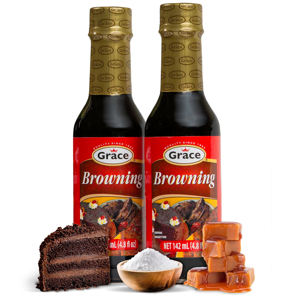 Grace Browning Sauce bottle on shelf for Caribbean flavor infusion.