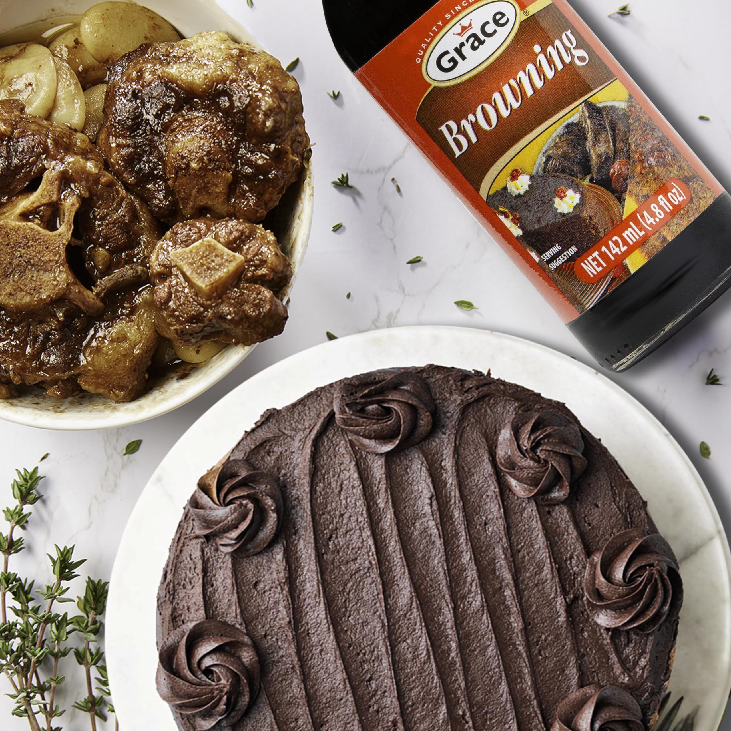 Grace Browning Sauce pouring captures glaze for grilled meats and oxtail.