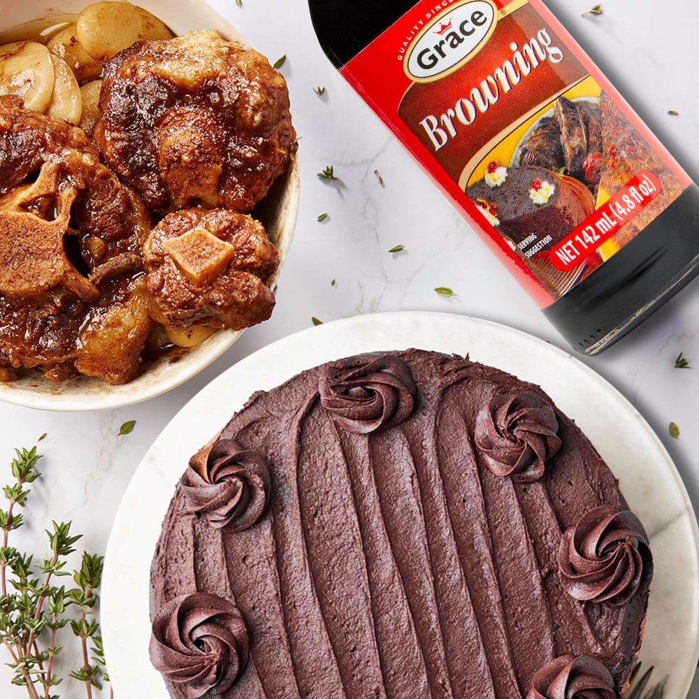 Grace Browning Sauce pouring captures glaze for grilled meats and oxtail.