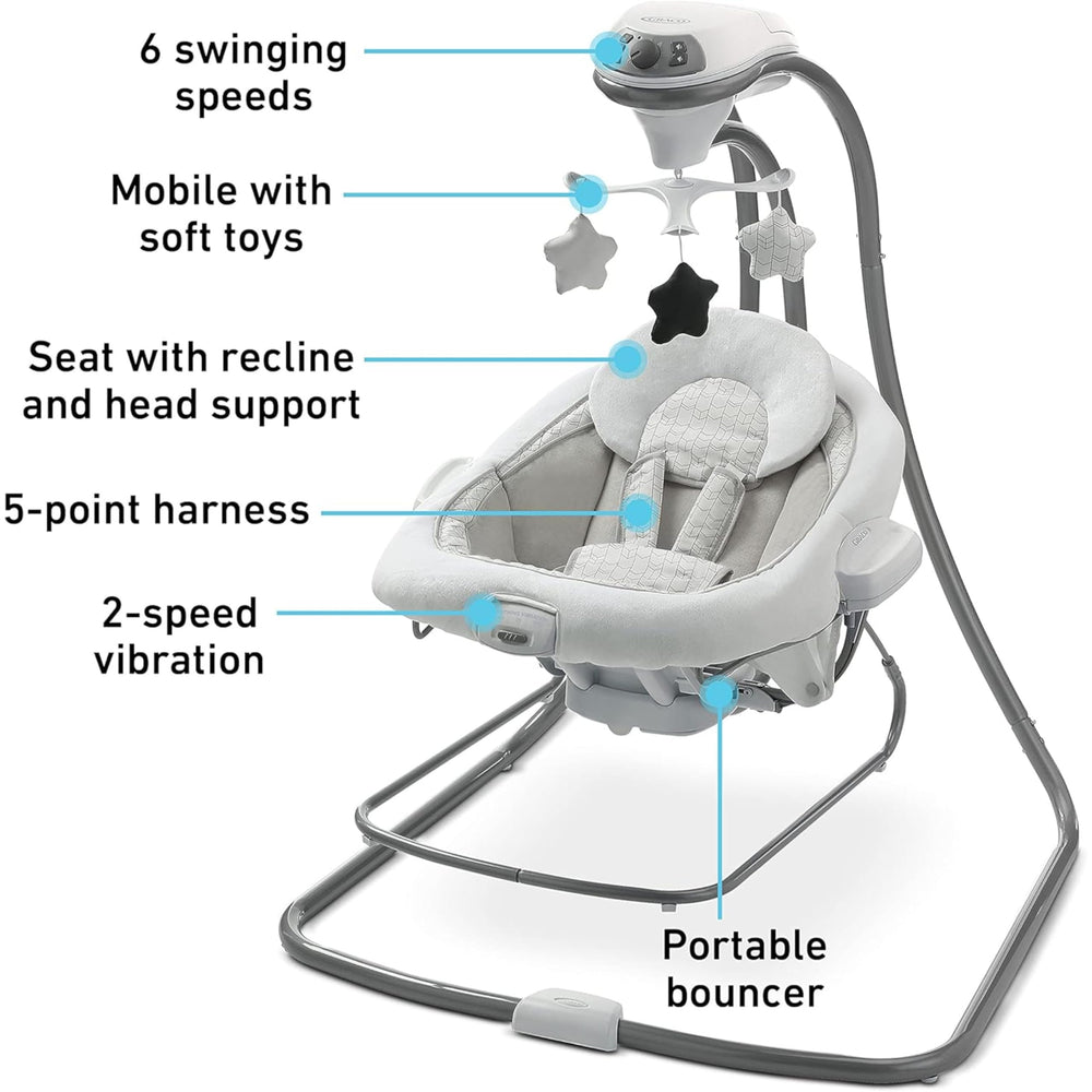 Graco DuetConnect LX portable bouncer setup for on-the-go calming at home.