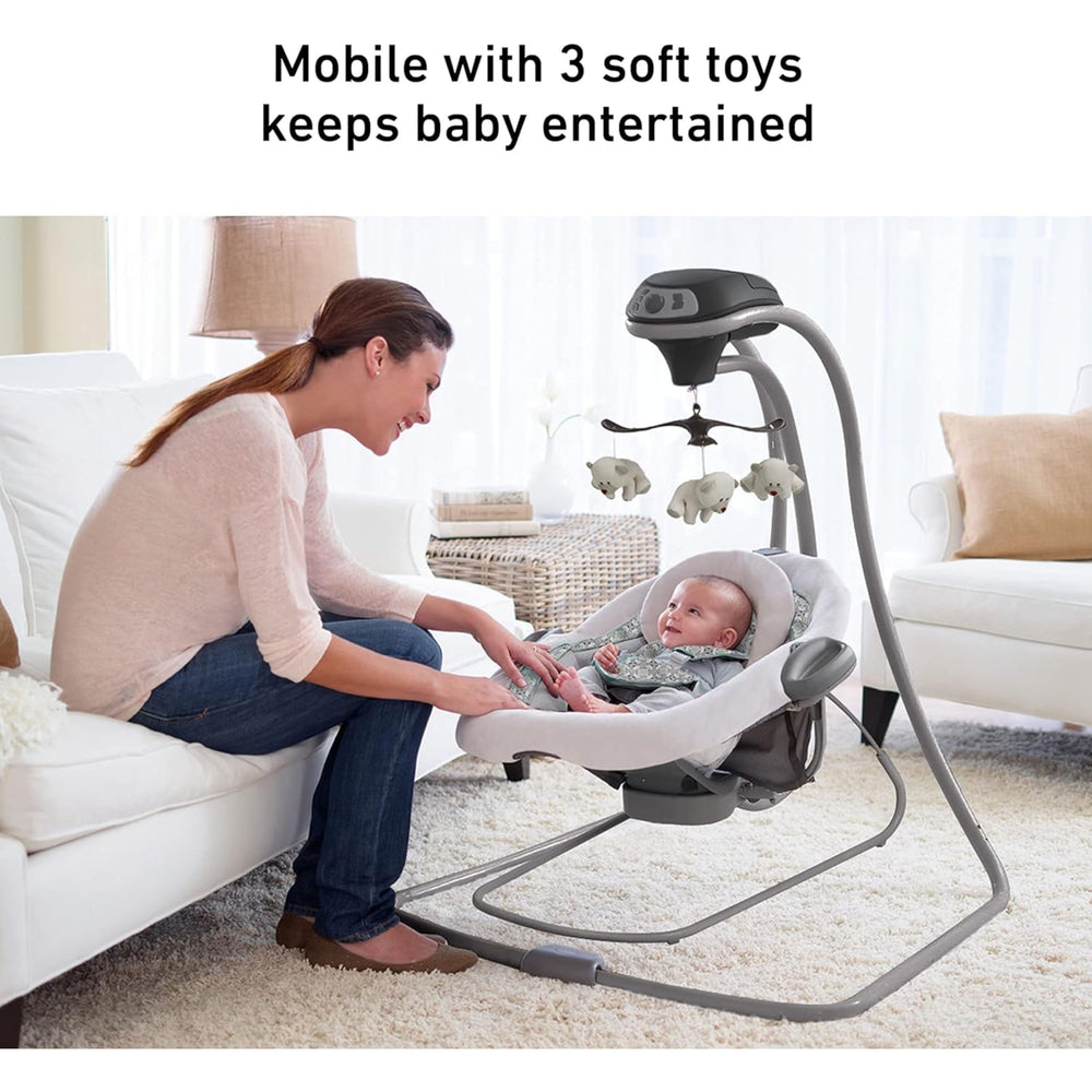 Graco DuetConnect LX offers ten melodies and five nature sounds for varied auditory engagement.