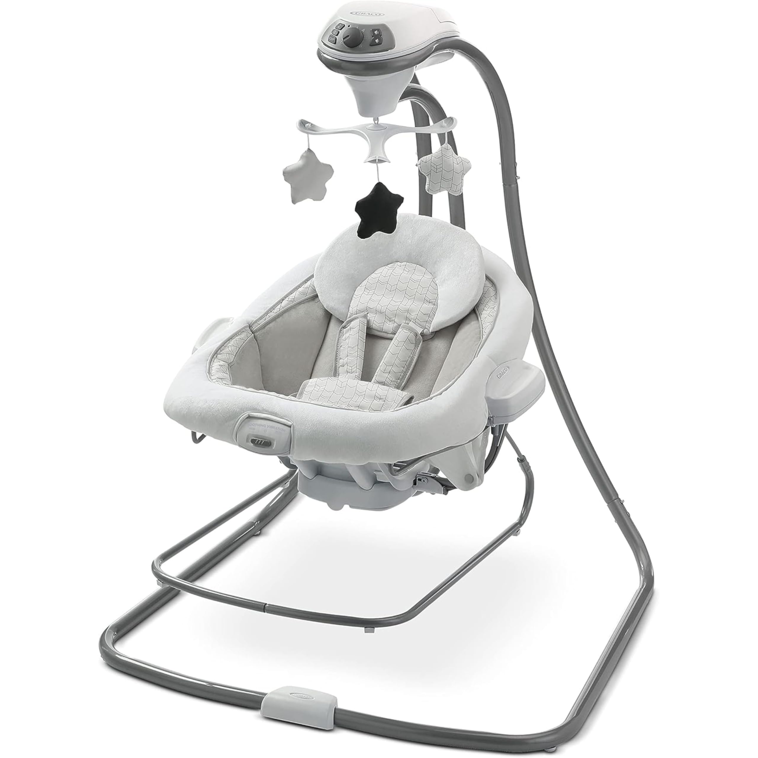 Graco DuetConnect LX swing seat with portable bouncer carry handles for easy room-to-room use.