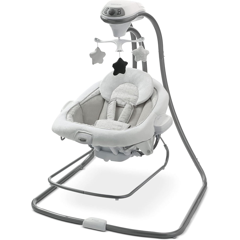 Graco DuetConnect LX swing seat with portable bouncer carry handles for easy room-to-room use.