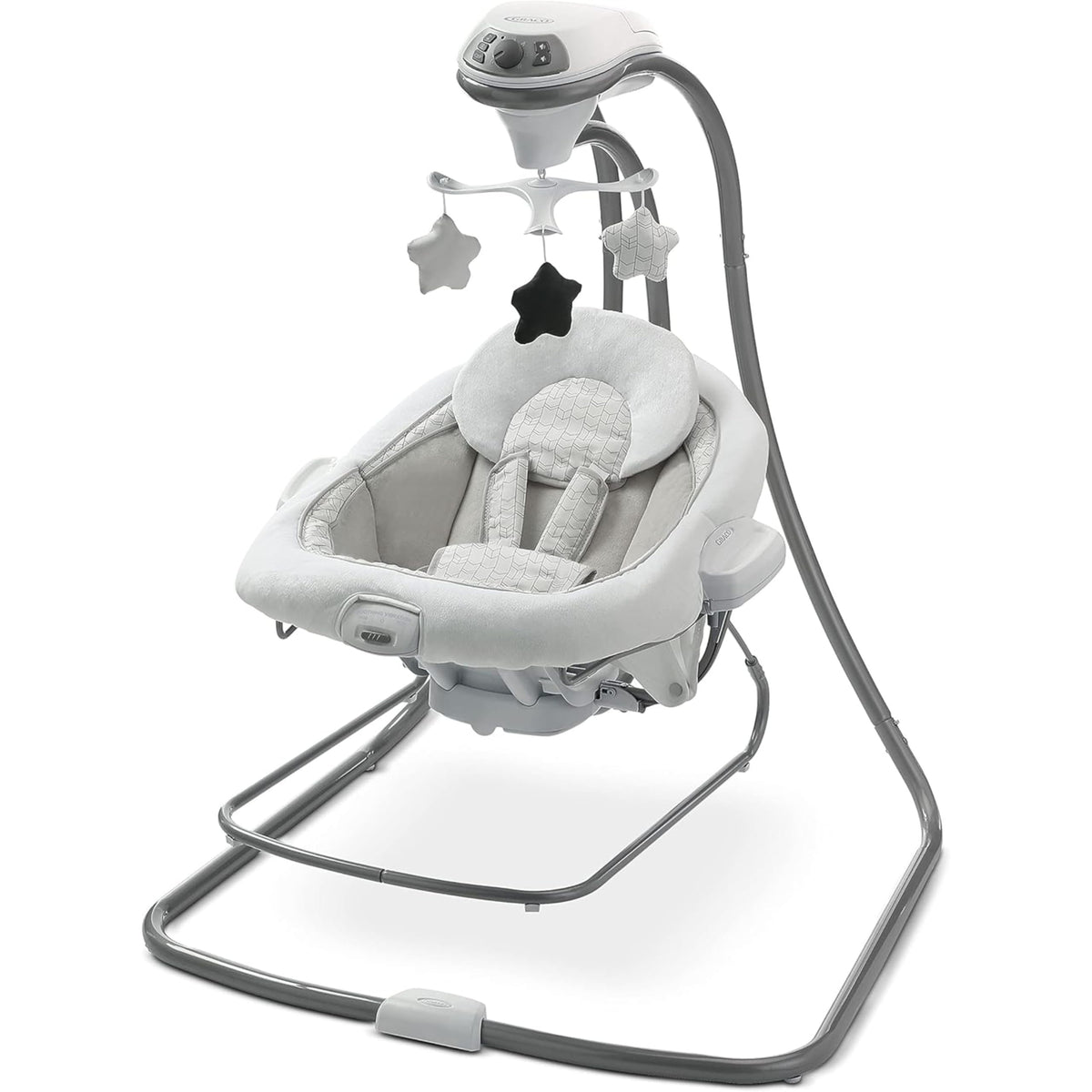 Graco DuetConnect LX swing seat with portable bouncer carry handles for easy room-to-room use.