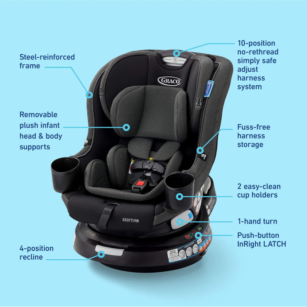 Graco EasyTurn360 two cup holders keep beverages within easy reach.