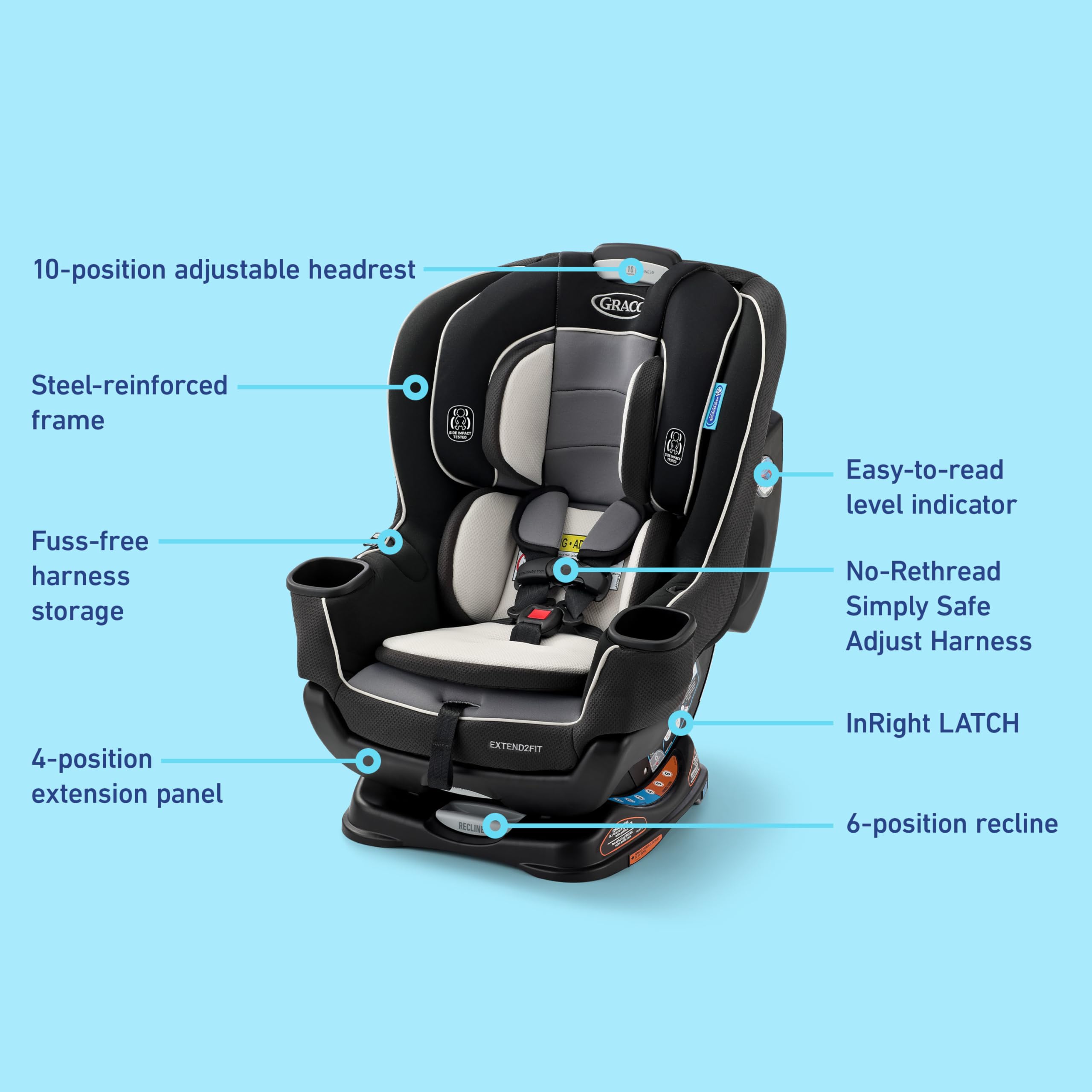 Graco Extend2Fit forward-facing capacity up to 65 lb for growing children