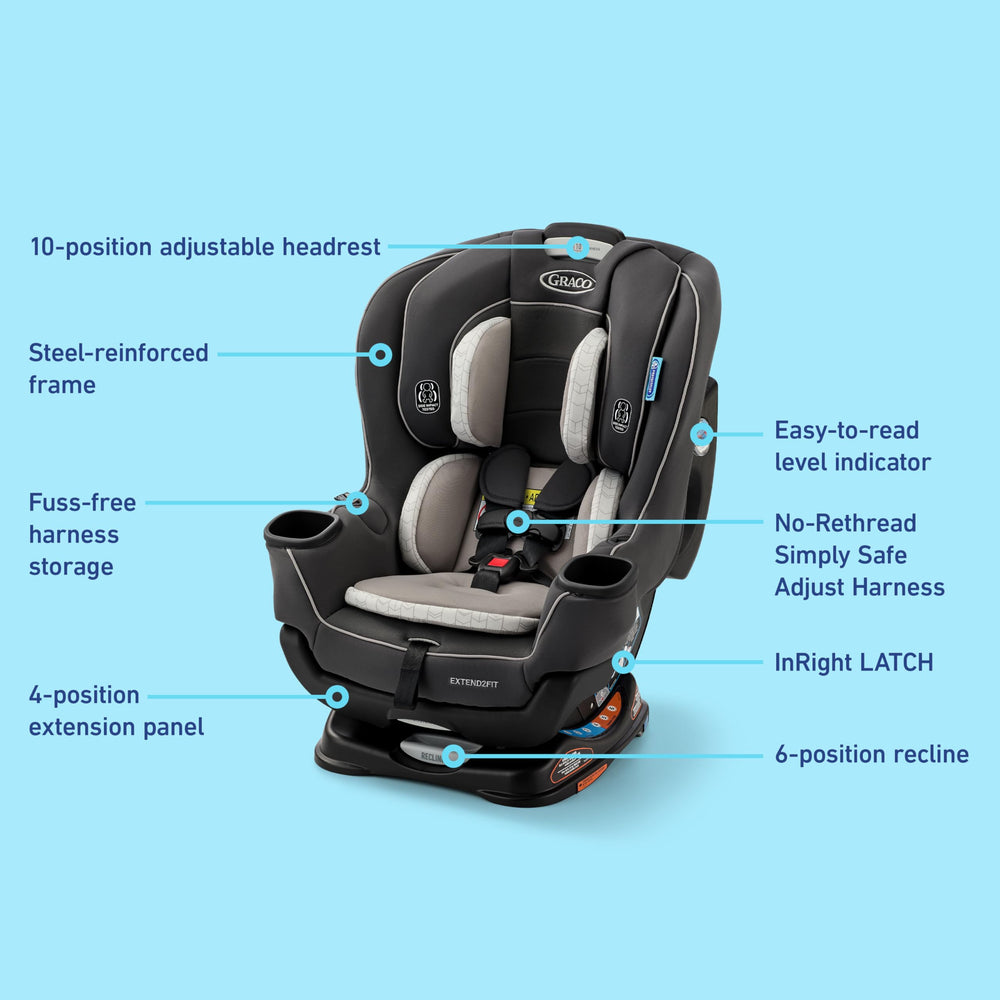 Graco Extend2Fit headrest adjusts through ten positions for a safe fit.