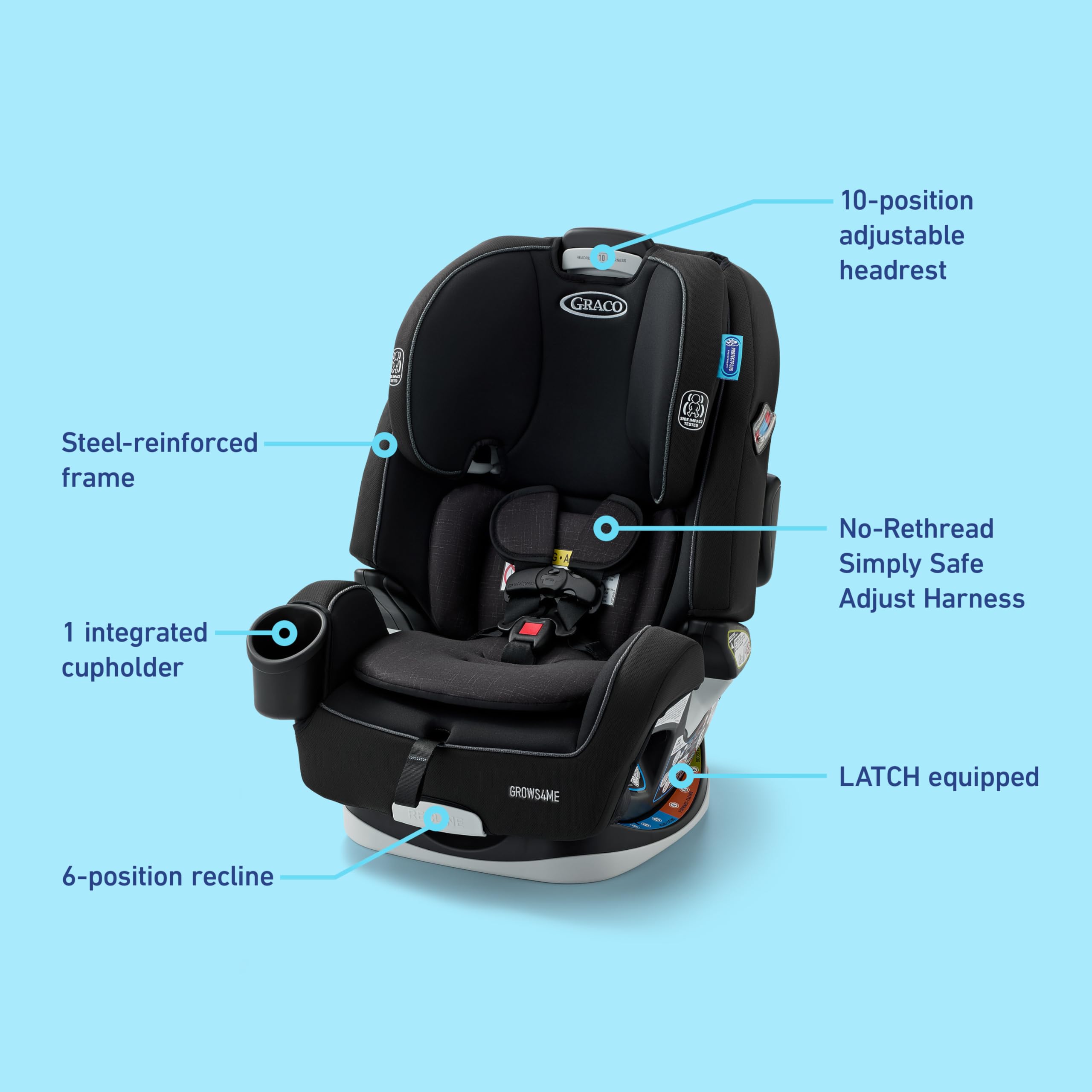 Graco Grows4Me forward-facing harness stays secure during growth.
