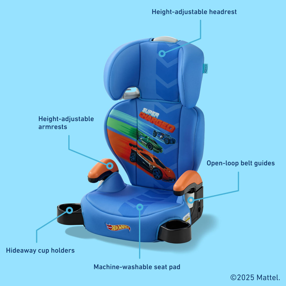 Graco Hot Wheels Turbobooster 2.0 design adds kid appeal during car rides.