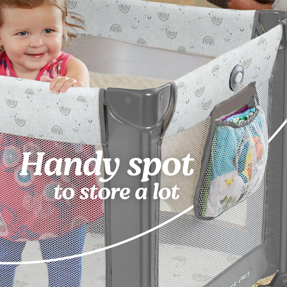 Graco Kaden Pack 'n Play On The Go push-button-fold simplifies breakdown.