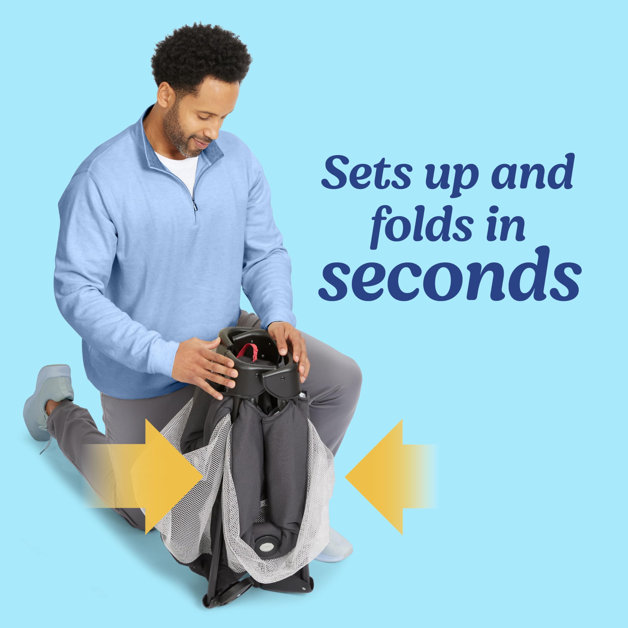 Graco Kaden Pack 'n Play On The Go toy-bar keeps baby entertained on the go.