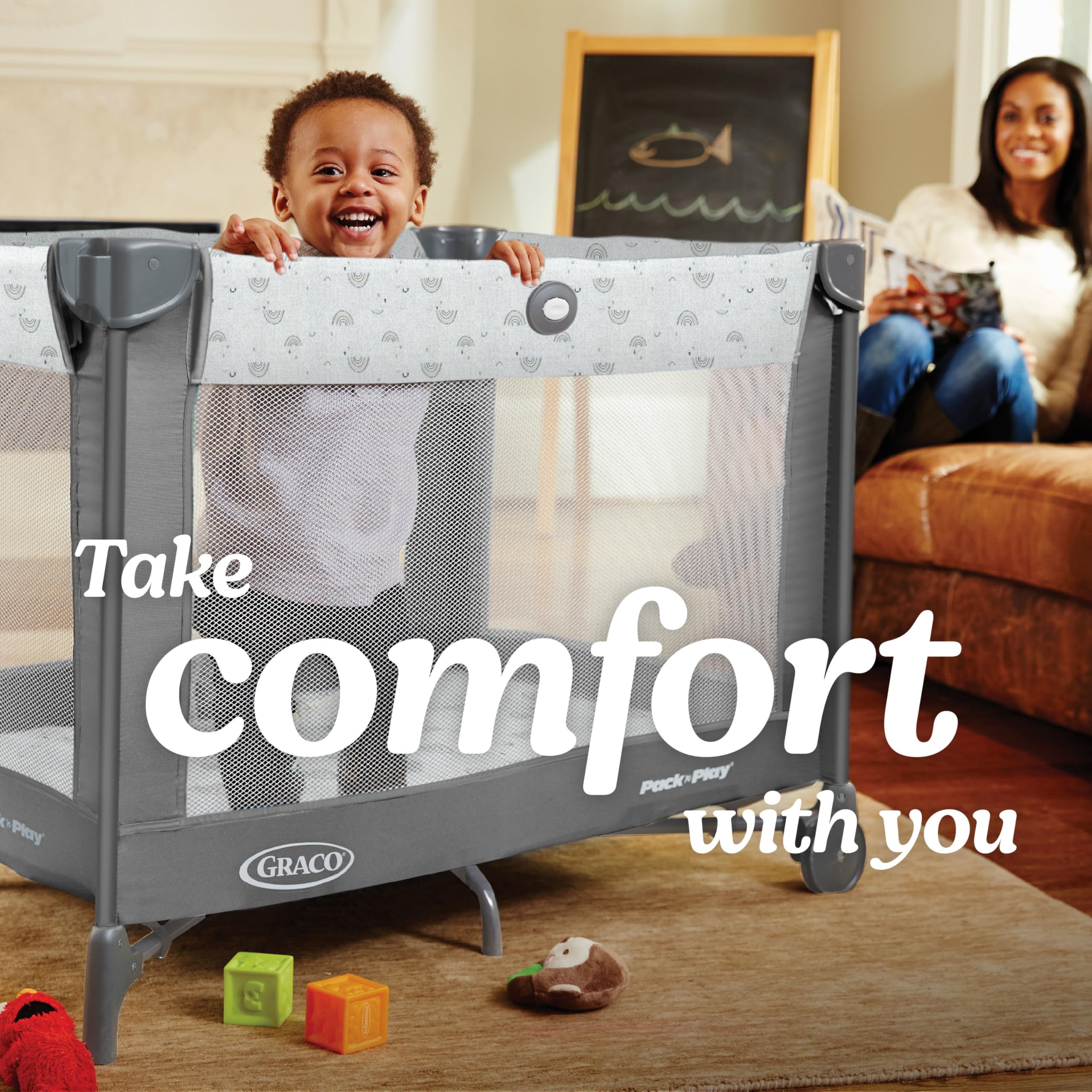 Graco Pack 'n Play Carnival wheels enable effortless repositioning