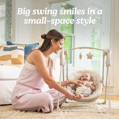 Graco Slim Spaces cocooning support keeps baby snug during swings.