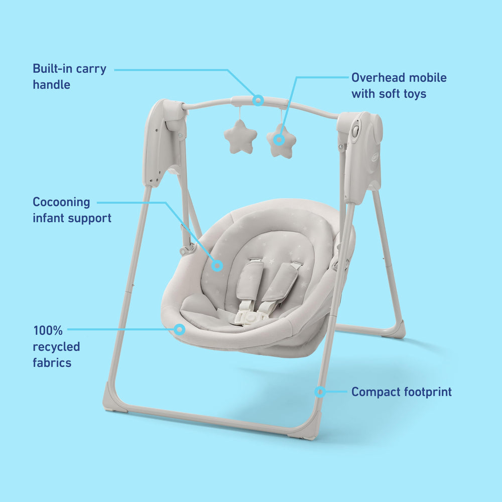 Graco Slim Spaces space-saving frame blends into home decor.