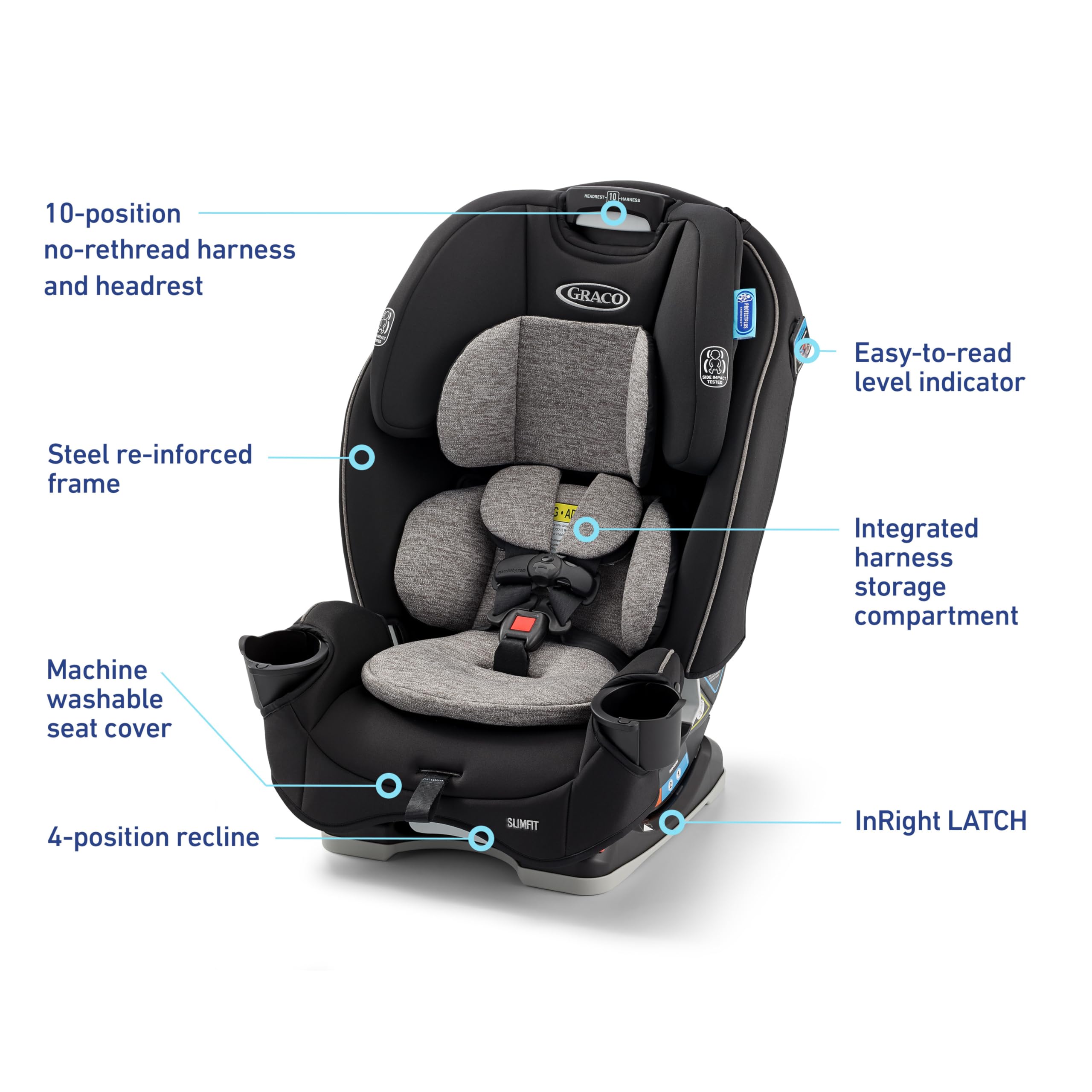 Graco SlimFit 3-in-1 InRight LATCH attaches securely in one second.