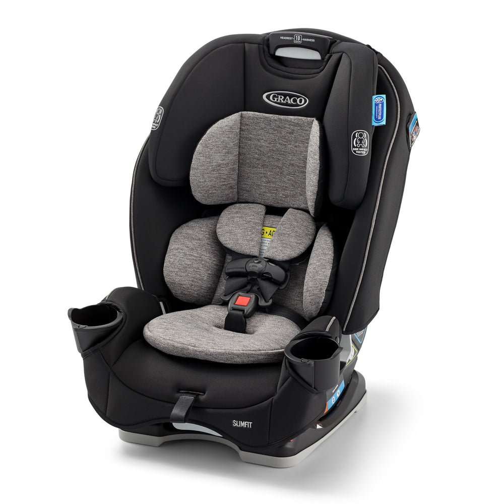 Graco SlimFit 3-in-1 rear-facing harness saves space in the back seat.