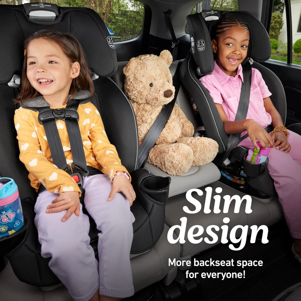 Graco SlimFit in highback booster mode for extended seating.
