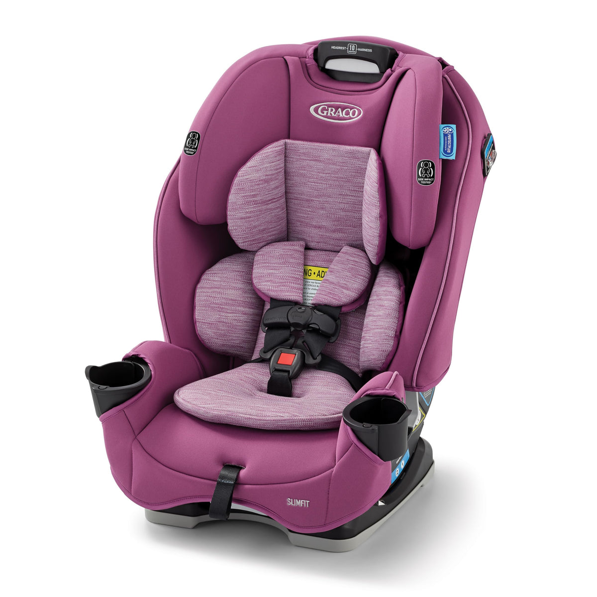 Graco SlimFit rear-facing harness in use, space-saving design for compact cars.