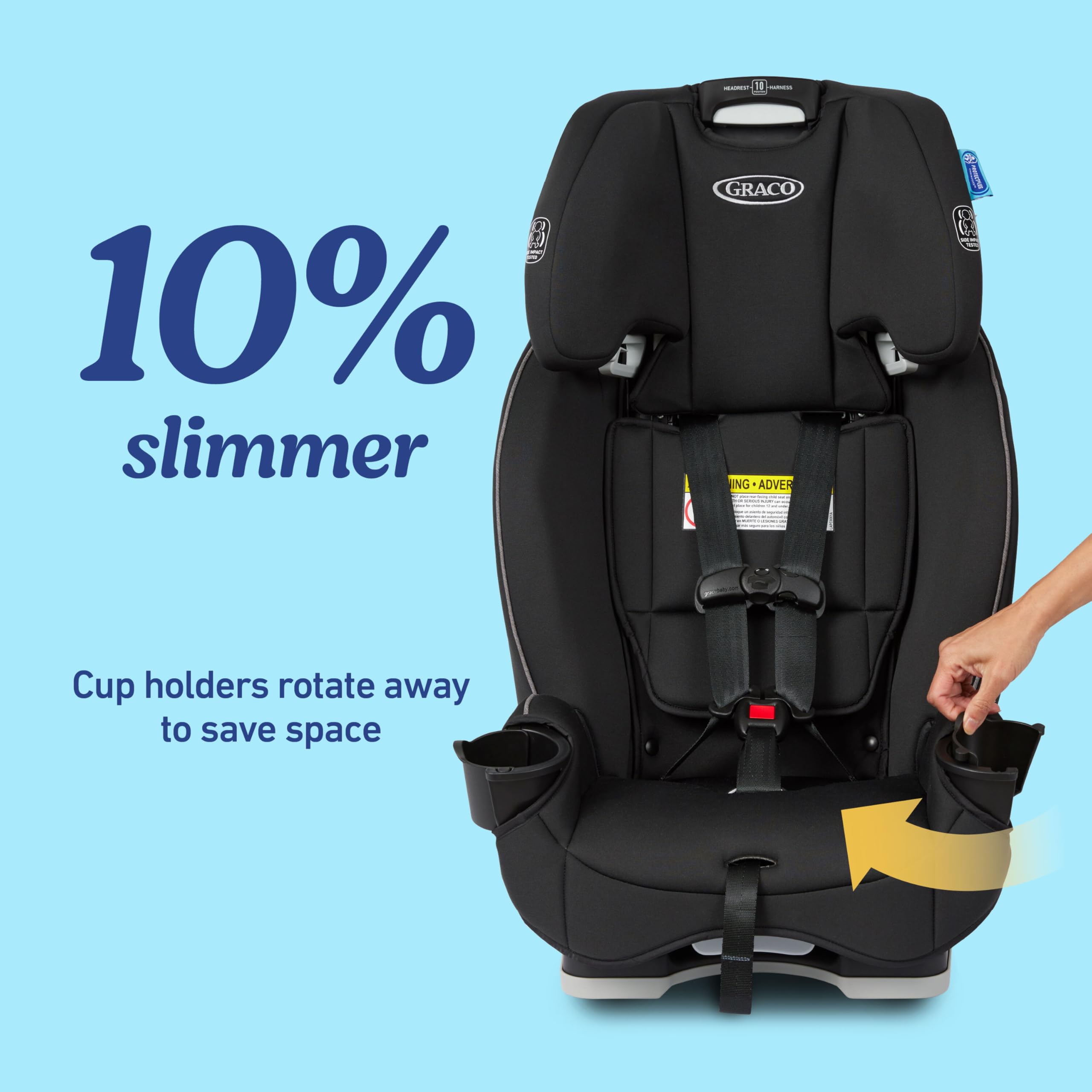Graco SlimFit slim design with rotating cupholders saving back-seat space.