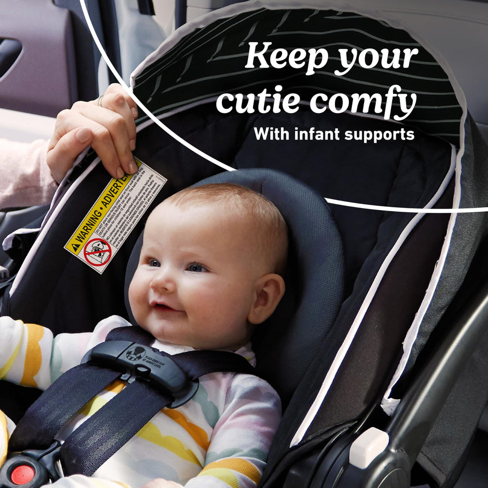 Graco SnugRide Lite LX Lilac Mod canopy, adjustable shade for sunny trips.