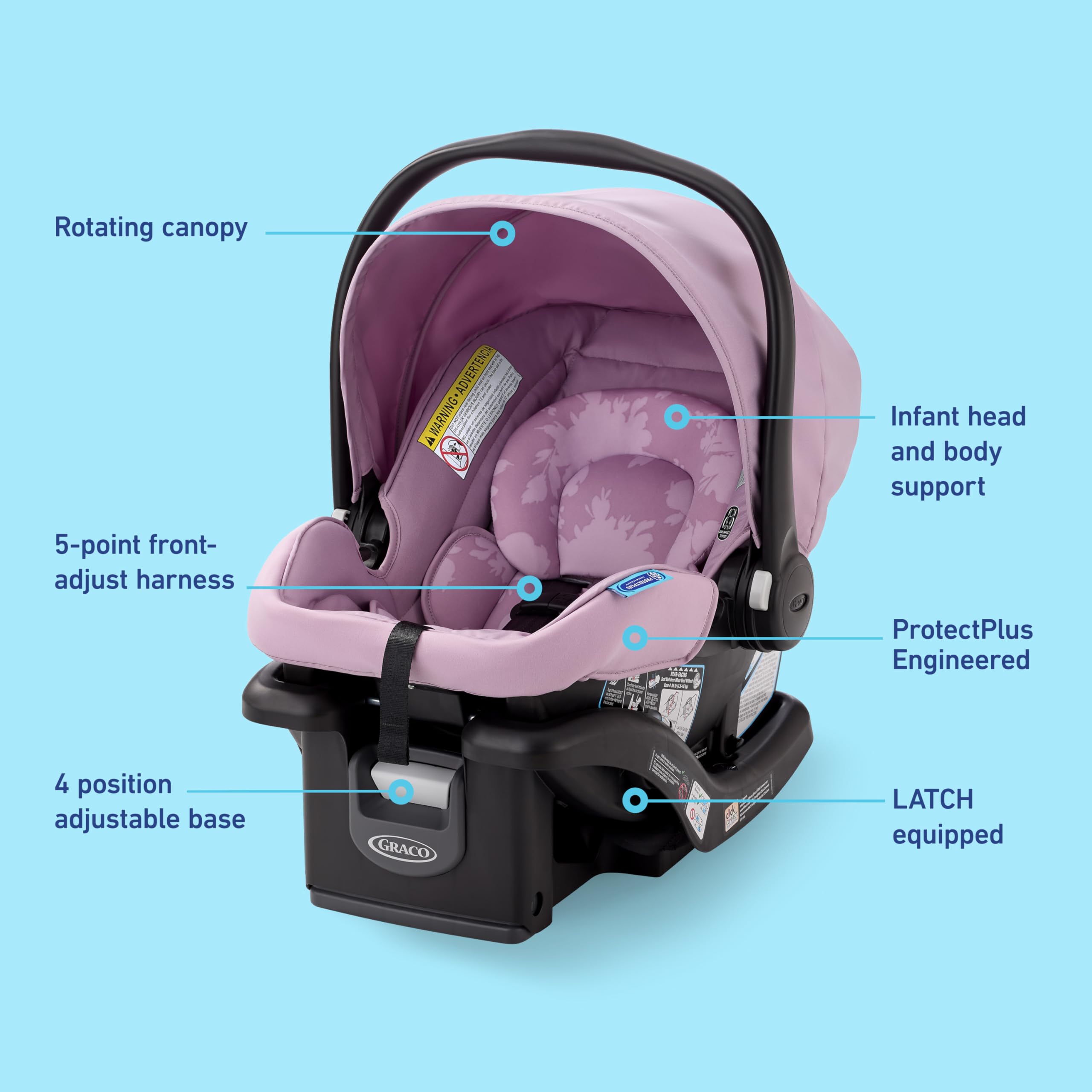 Graco SnugRide Lite LX Lilac Mod stroller-attachment, quick one-step connection for travel systems.
