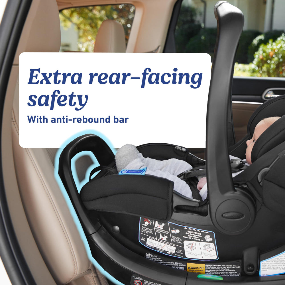 Graco SnugRide SnugFit DLX front-adjust harness keeps fit simple.