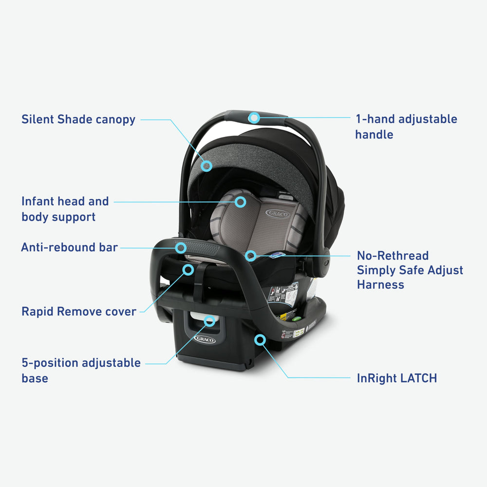 Graco SnugRide SnugFit DLX silent shade canopy for quiet coverage.
