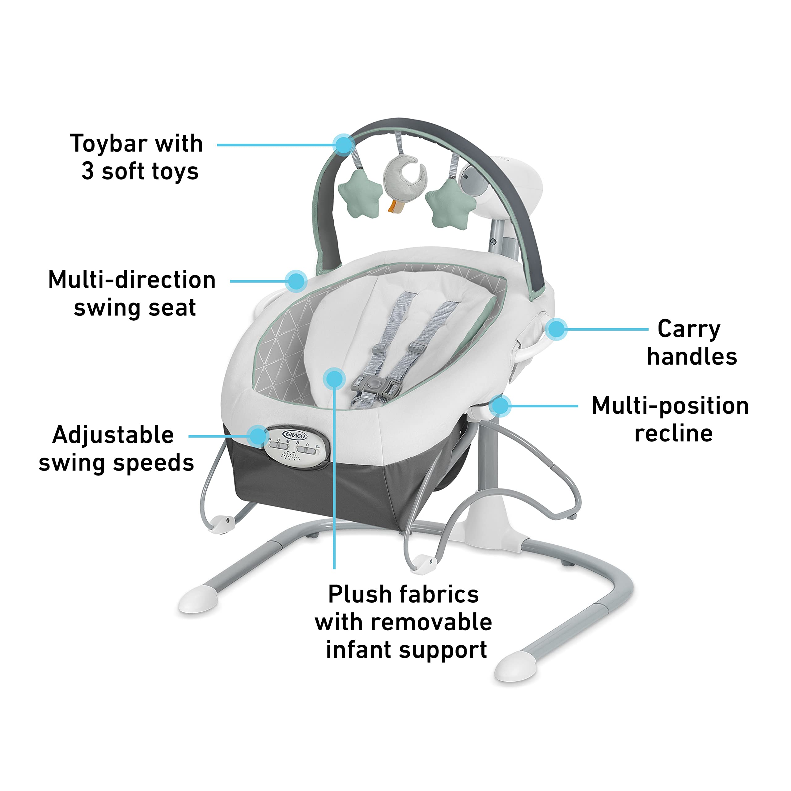 Graco Soothe-n-Sway LX AC adapter enables battery-free operation.