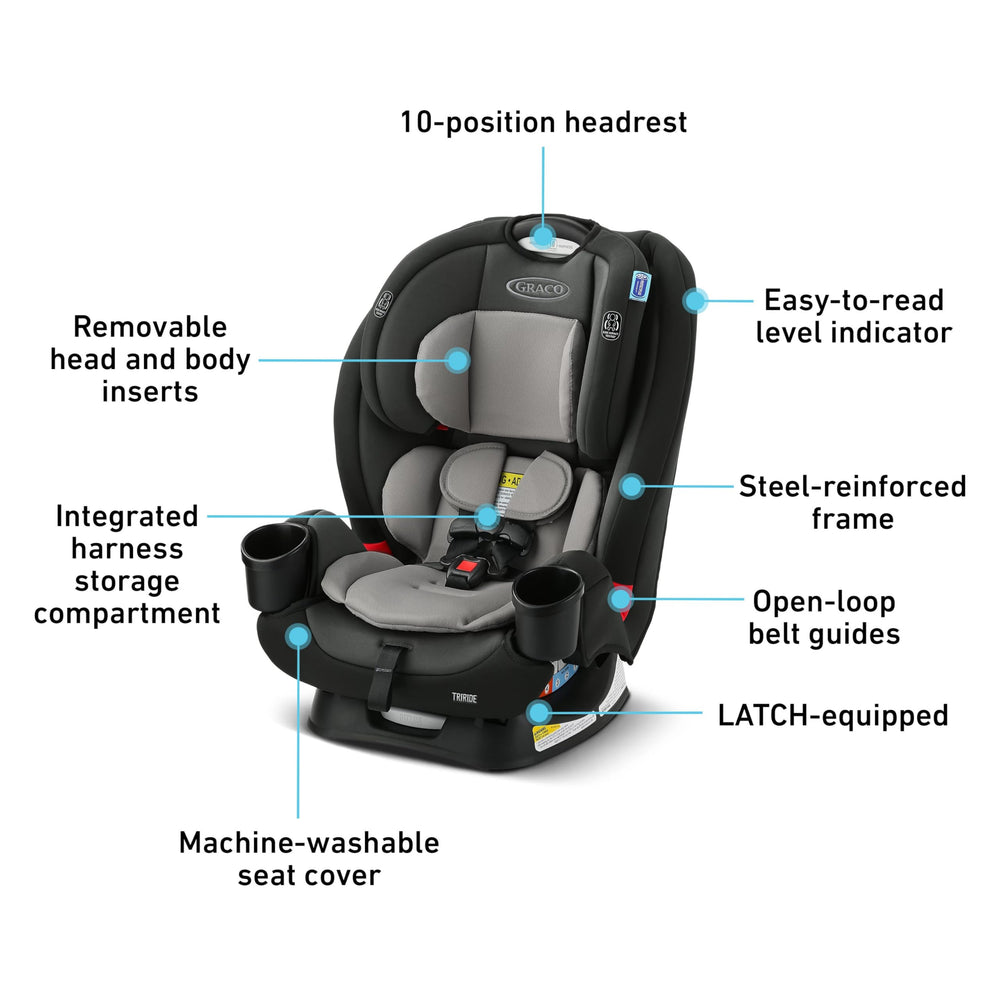 Graco TriRide machine-washable seat pad and two cup holders for snacks.