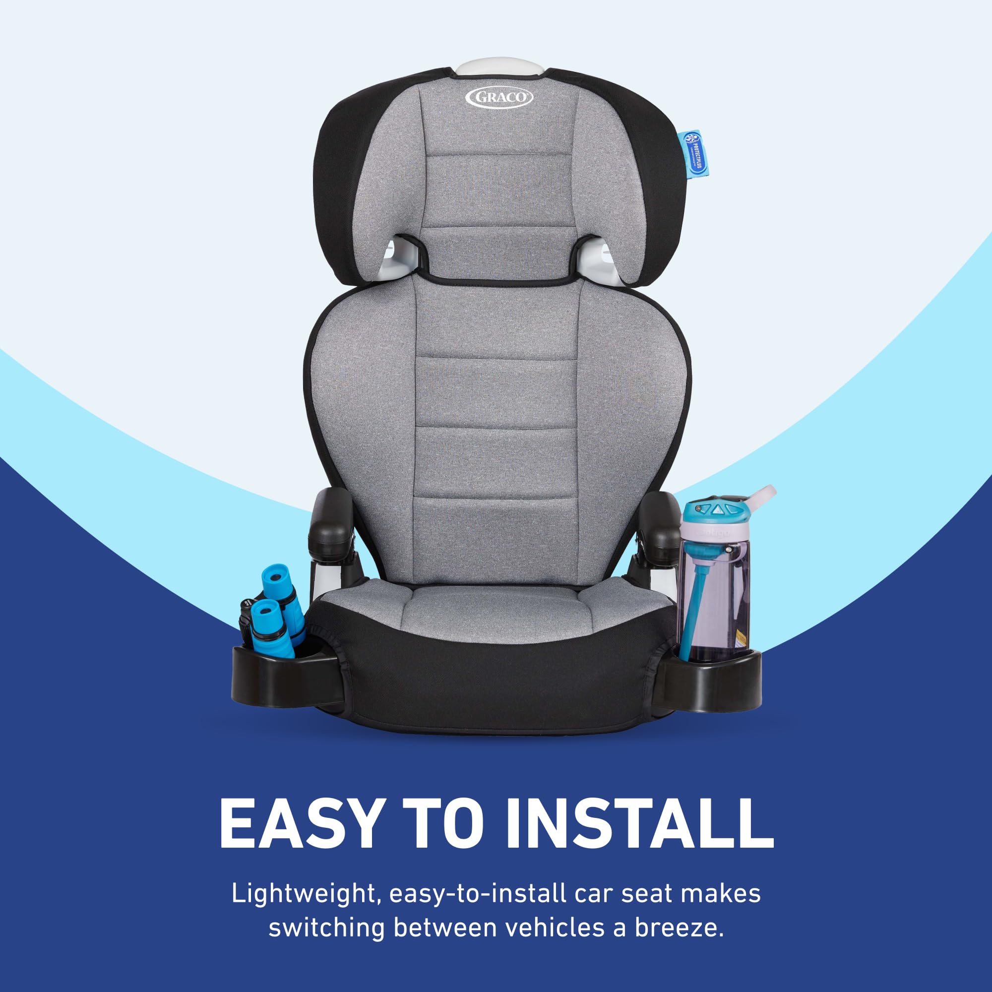 Graco TurboBooster 2.0 Declan hide-away cup holders within reach.