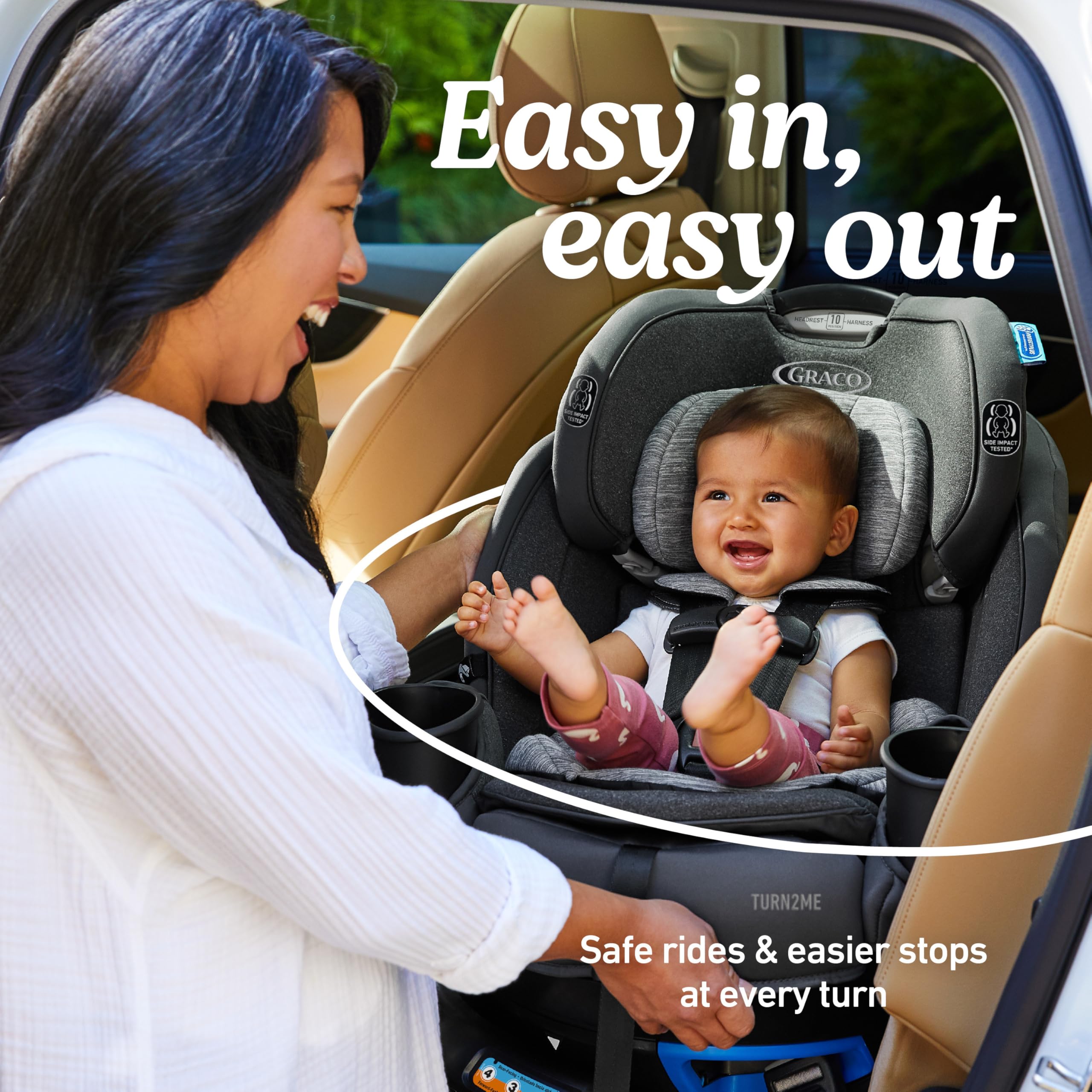 Graco Turn2Me harness-adjust feature with 10-position headrest supports growing comfort.