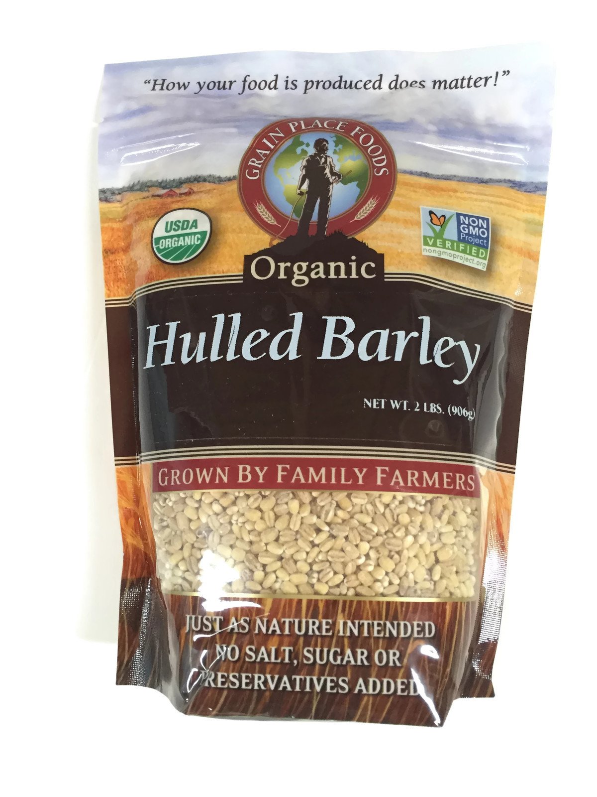Grain Place Foods hulled barley bag front, versatile for soups and sides