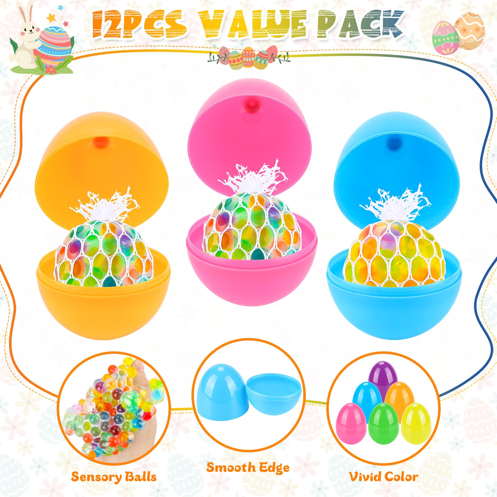 Six bright eggs provide visual appeal and easy differentiation for games.