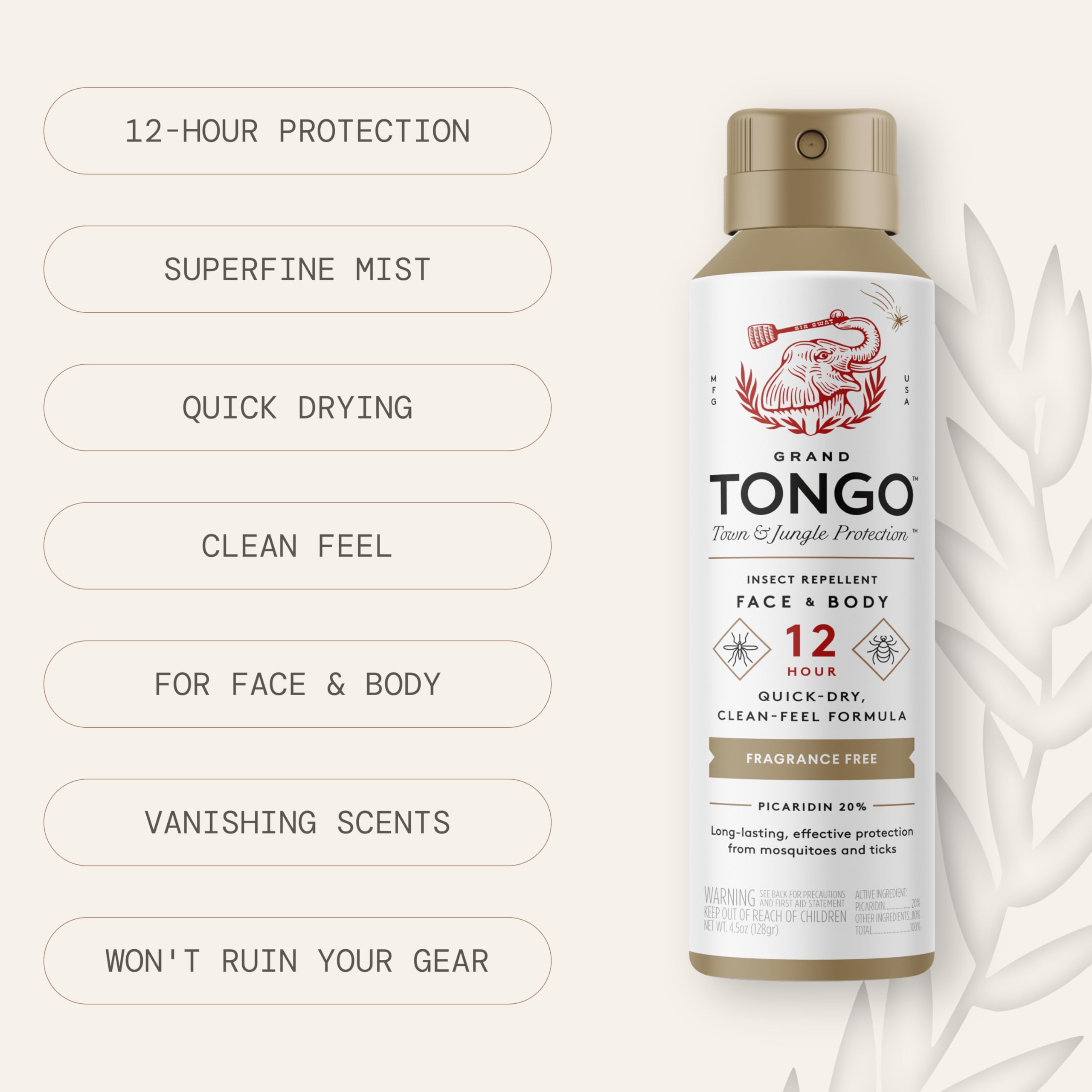 Grand Tongo bottle label highlighting Picaridin-based DEET alternative