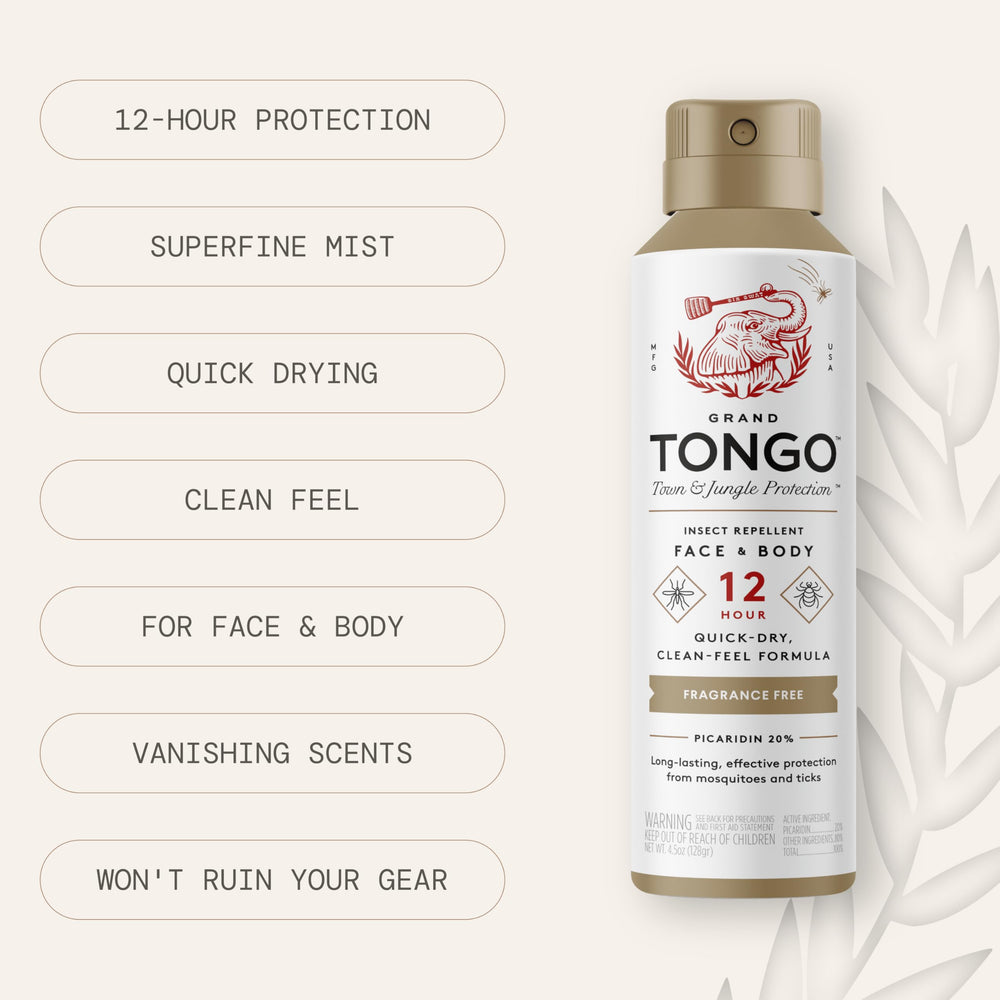 Grand Tongo bottle label highlighting Picaridin-based DEET alternative