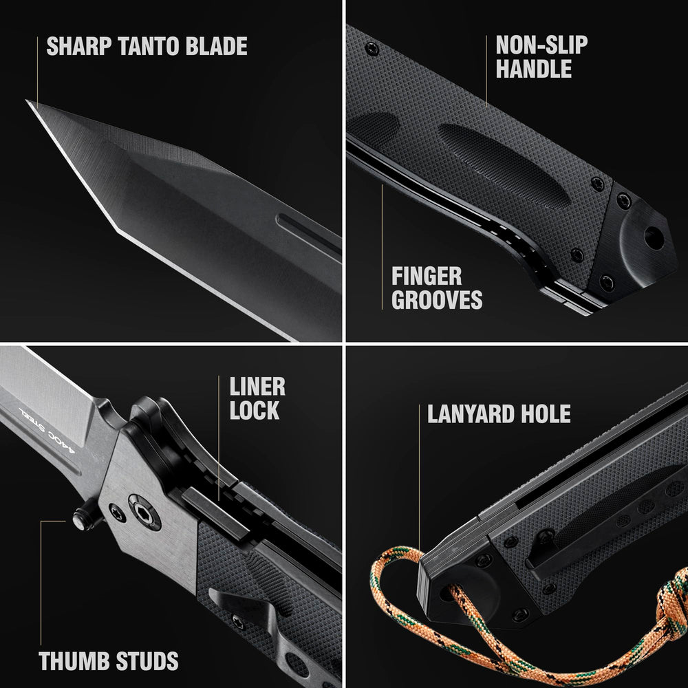 Grand Way knife features paracord lanyard for versatile outdoor use.